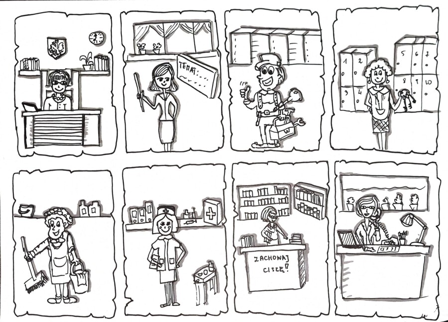 Przedszkole. Zawody (Dwie karty pracy: kolorowa + do uzupełnienia)