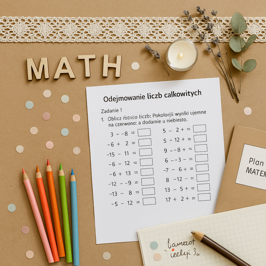 Karta pracy: Liczby całkowite – ćwiczenia z odejmowania