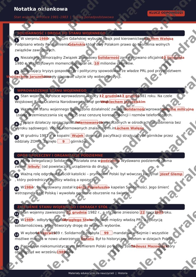 STAN WOJENNY NOTATKA OKIENKOWA + KLUCZ ODPOWIEDZI