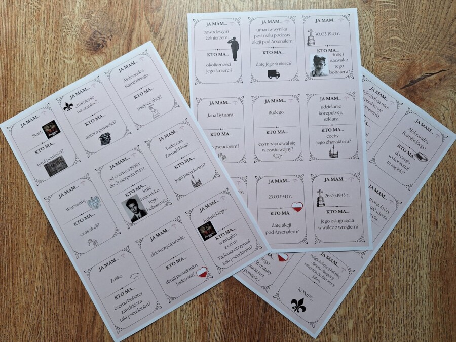 Kamienie na szaniec - gra Ja mam... Kto ma...?, klasa 8, egzamin