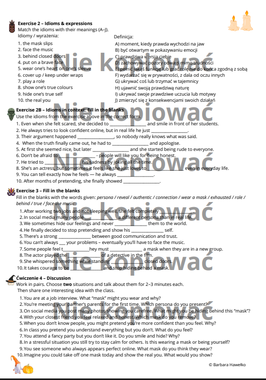 Karta pracy z czytanką "The Secret Behind the Mask" słownictwo: emocje i osobowość B1