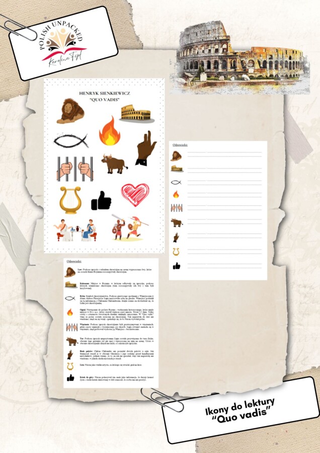 Ikony (obrazki, symbole) + odpowiedzi "Quo vadis" Henryk Sienkiewicz, język polski, egzamin ósmoklasisty, lektura obowiązkowa klasa 7-8