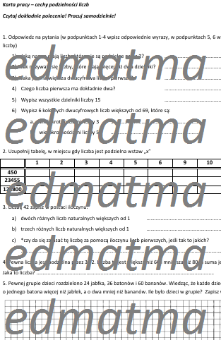 Karta pracy - cechy podzielności liczb, liczby pierwsze i złożone