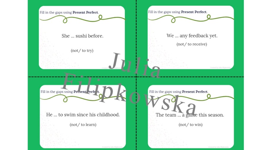 Present Perfect/ Karty do mówienia/ Mówienie/ Speaking/ Zestaw/ Pakiet/ Klasy 4-8/ Klasy 4-6/ Klasy 6-8/ SP/ Warm-up/ Rozgrzewka/ Gramatyka/ Grammar/ Speaking cards grammar/ Grammar cards/ E8