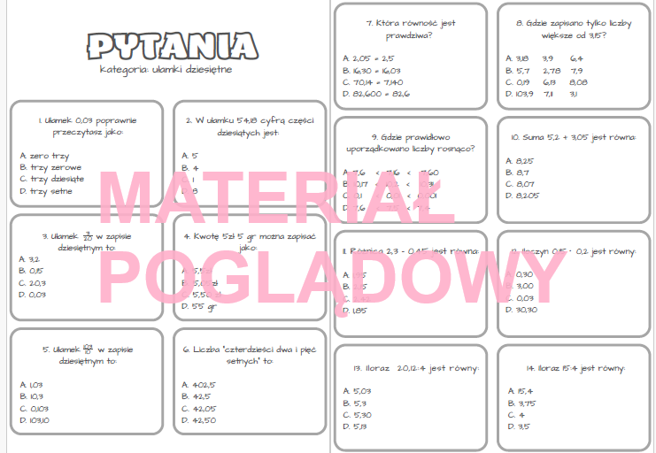 Gra dydaktyczna (a-z quiz) - ułamki dziesiętne kl.4-8