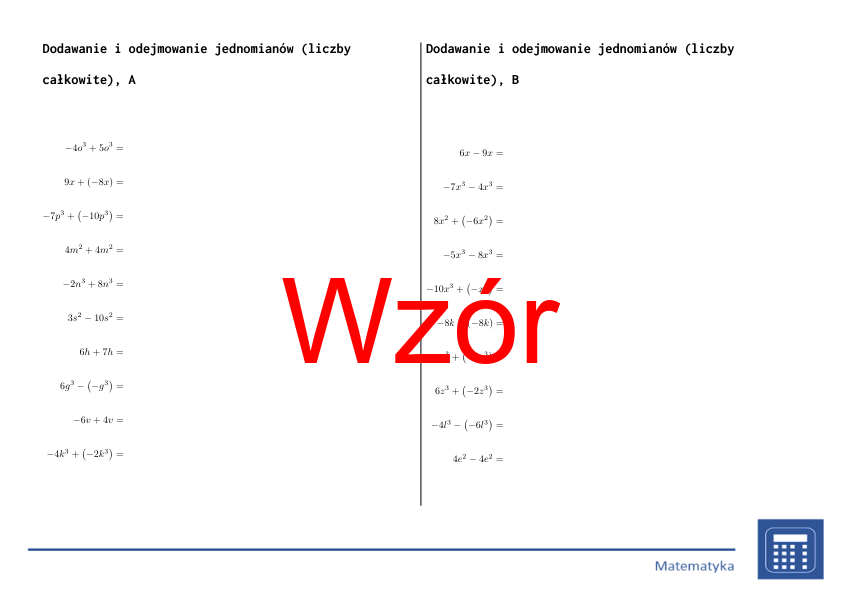 Dodawanie i odejmowanie jednomianów (liczby całkowite) | matematyka, algebra | 26 kolumn