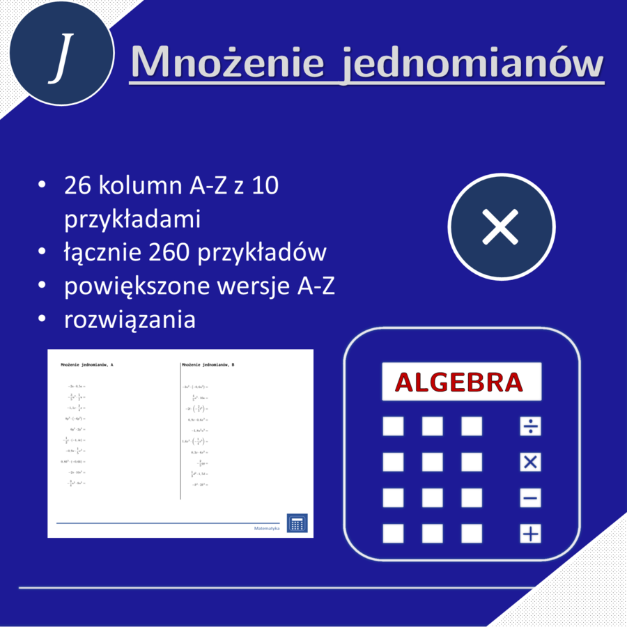 Mnożenie jednomianów | matematyka, algebra | 26 kolumn