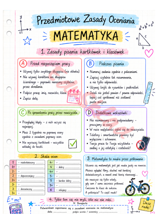 Przedmiotowe Zasady Oceniania z matematyki – wklejki dla uczniów