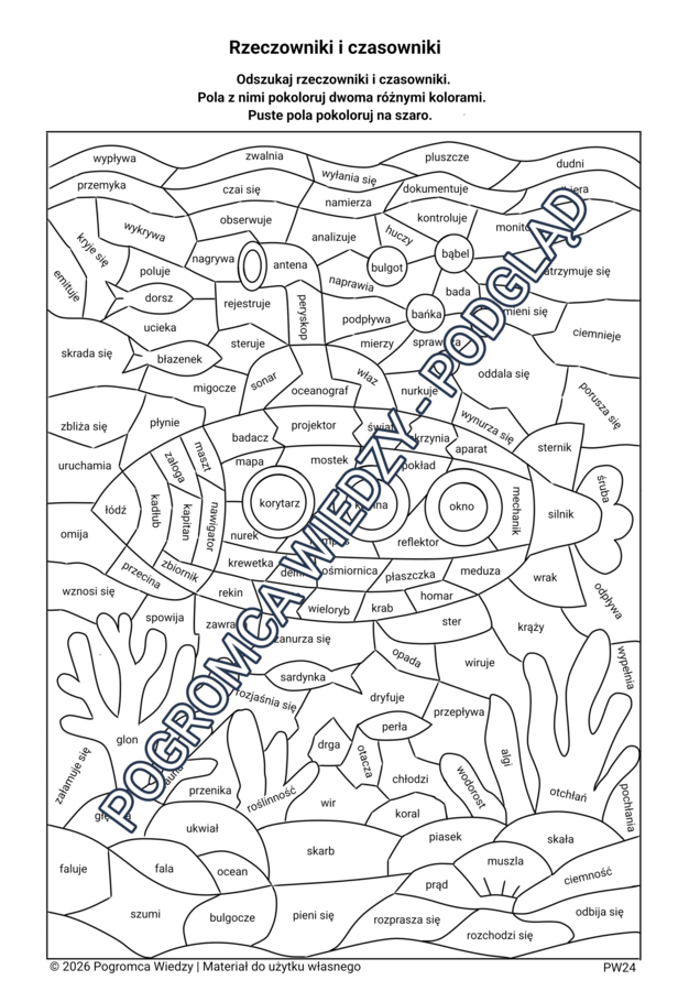 Części mowy w kolorach  - 20 kart pracy (kl.4-8)