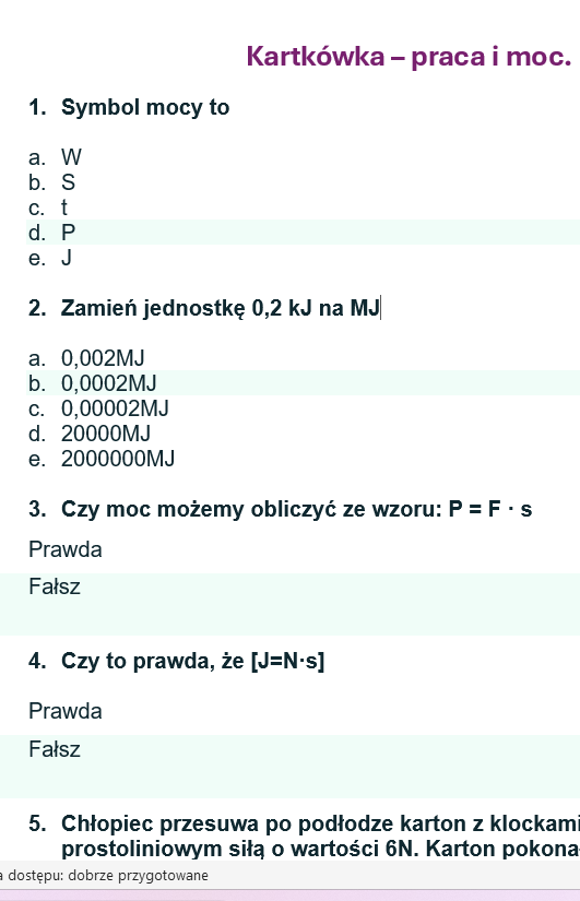 Kartkówka - praca i moc.