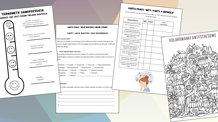 Praktyczny pakiet kart pracy dla nauczycieli i specjalistów/ emocje/ depresja/ mocne strony/ kolorowanki antystresowe