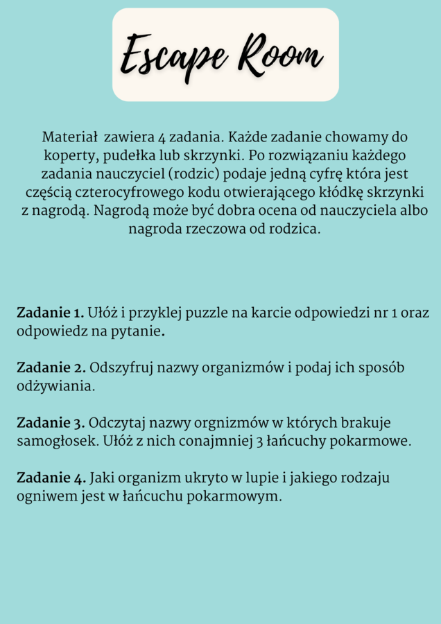 Escape room. Sposoby odżywiania. Łańcuch pokarmowy. Klasa 4.