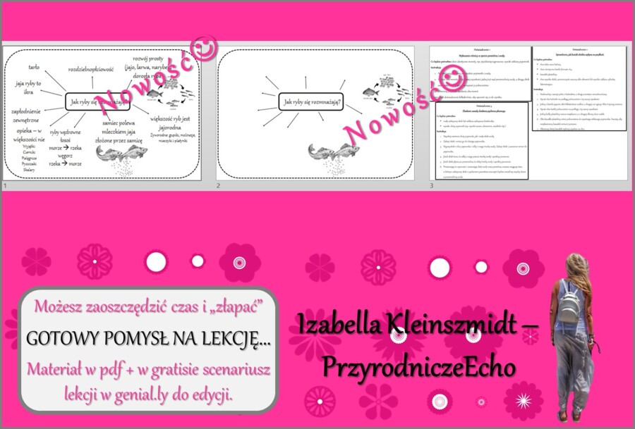 Pomysł na lekcję/karta pracy/stacje zadaniowe/ materiał do lekcji do tematu „Ryby - kręgowce środowiska wodnego. Rozmnażanie i rozwój ryb. Co pozwala rybom pływać?” w pdf. W gratisie niekomercyjny scenariusz lekcji/pomysł na lekcję w programie genial.ly 