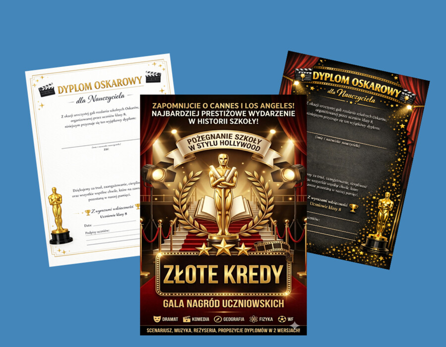 Scenariusz Gali „Złote Kredy 2026” – Filmowe Pożegnanie Szkoły, Oskary dla nauczycieli + PROJEKTY DYPLOMÓW