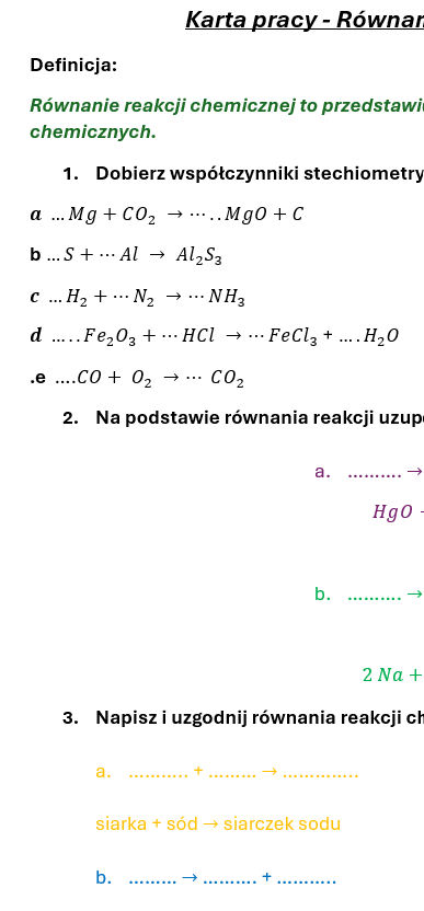 Karta pracy/kartkówka "Równania reakcji chemicznych".