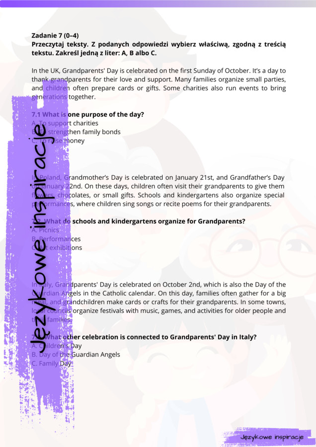 Grandma's Day and Grandpa's Day. Dzień babci i dziadka. Karty pracy. E8 Angielski