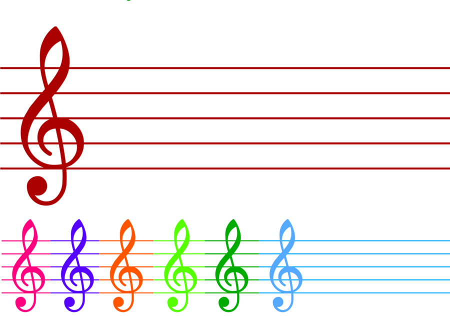 Muzyka. Szeroka pięciolinia+klucz wiolinowy. 7 różnych kolorów.