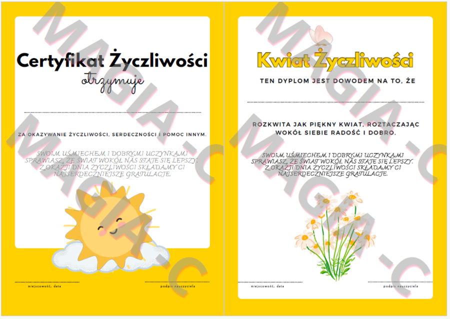 CERTYFIKAT Z DNIA ZYCZLIWOŚCI DWIE WERSJE