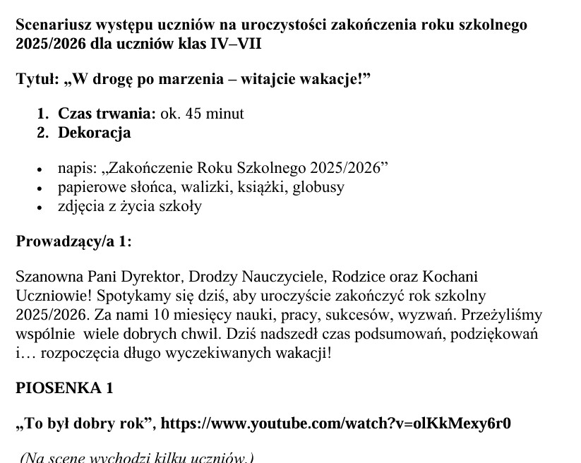 Scenariusz zakończenia roku szkolnego