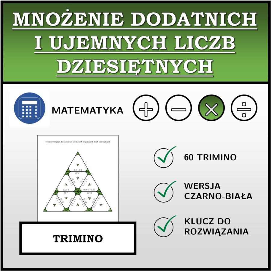 Trimino - Mnożenie dodatnich i ujemnych liczb dziesiętnych | matematyka