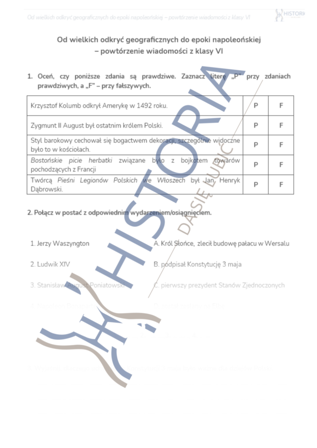Karta pracy - Test diagnostyczny dla klasy VII (sprawdzenie wiadomości po klasie VI)
