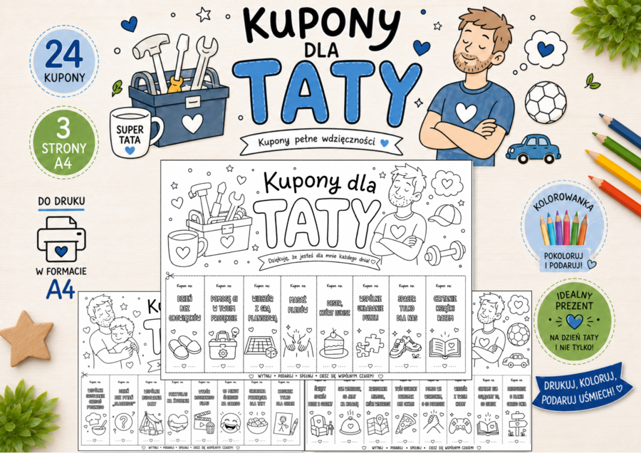 Kupony dla Taty do Kolorowania – 24 Kupony DIY dla Dzieci | Prezent na Dzień Taty PDF A4