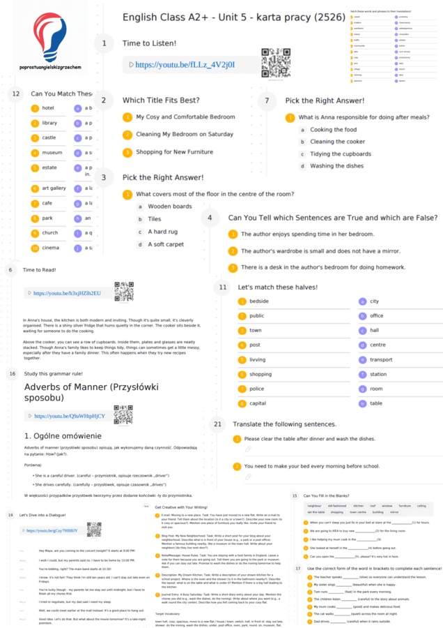 English Class A2+ – Unit 5 – karta pracy