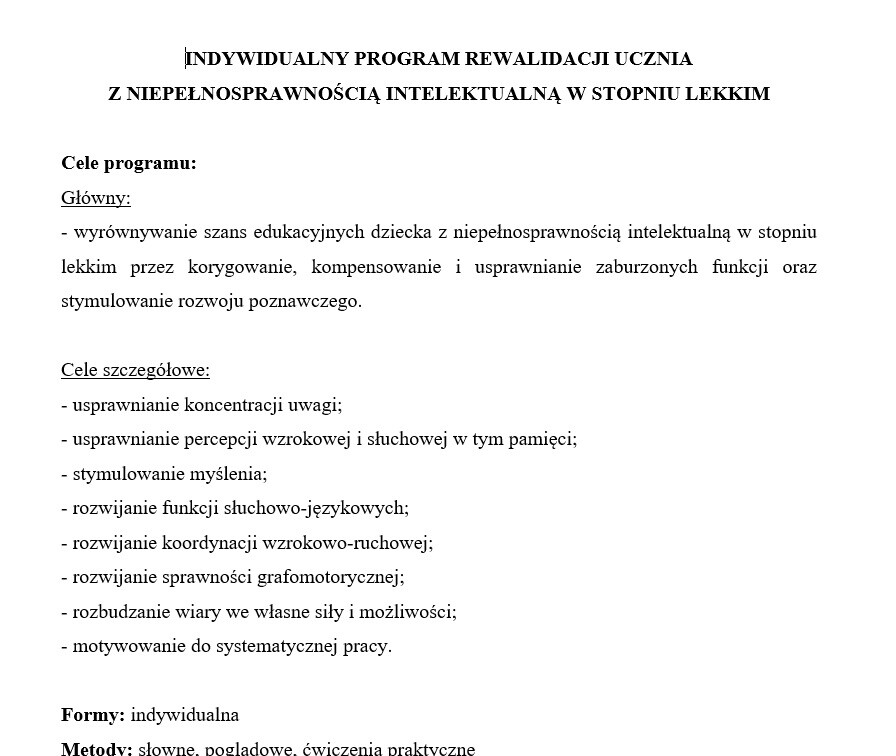 INDYWIDUALNY PROGRAM REWALIDACJI UCZNIA Z NIEPEŁNOSPRAWNOŚCIĄ INTELEKTUALNĄ W STOPNIU LEKKIM