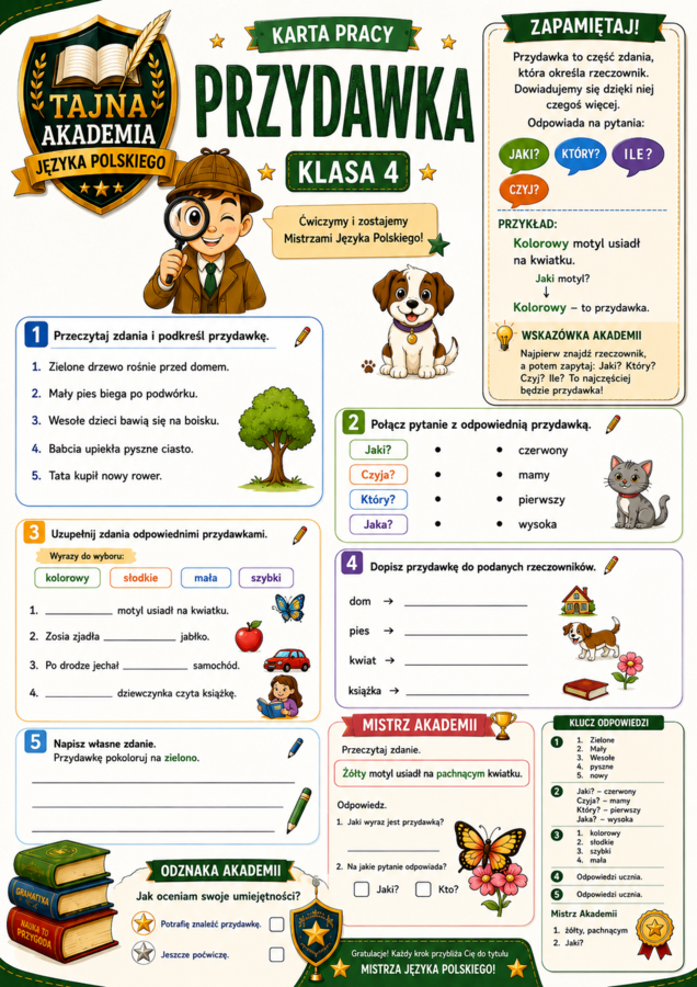 Przydawka – karta pracy | Klasa 4 | Tajna Akademia Języka Polskiego | PDF