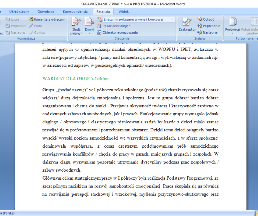Sprawozdanie nauczyciela przedszkola z pracy dydaktyczno-wychowawczo-opiekuńczej za I półrocze