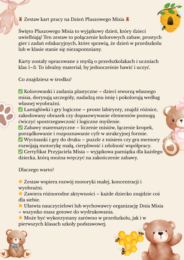 DZIEŃ PLUSZOWEGO MISIA-KARTY PRACY