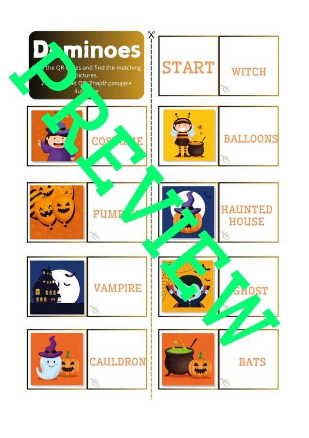 Halloween Gra Trernowa dla dużych i małych +QR Codes, Domino w 3 wersjach (również dla nieczytających), opisane karty obrazkowe na j. angielski i inne wydarzenia jesienne, dobre dla SPE, kody QR