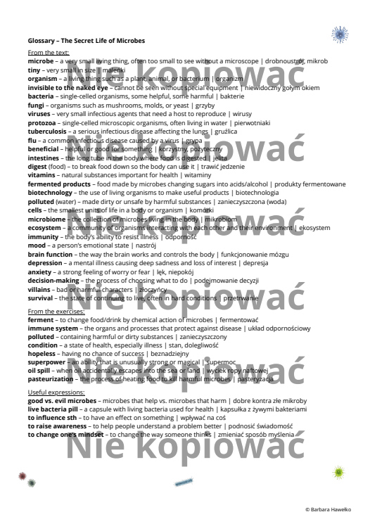 Karta pracy - czytanka "The Secret Life of Microbes" B2 + ćw. Present Perfect v. Past Simple