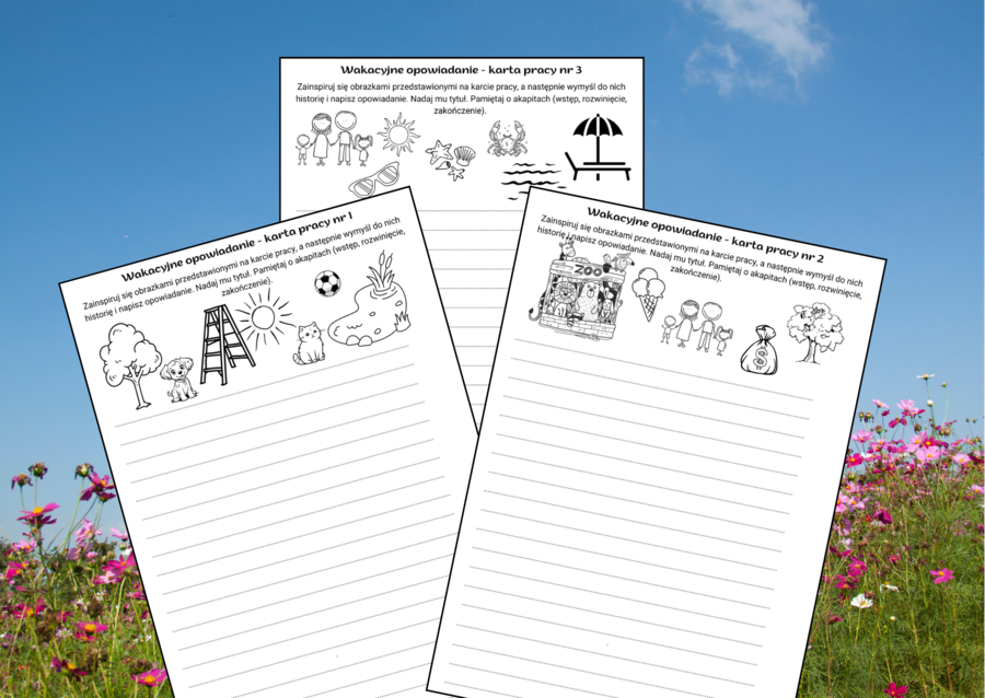 Wakacyjne OPOWIADANIE – karta pracy – ćwiczenia redakcyjne – wakacje – lato- wersja czarno-biała