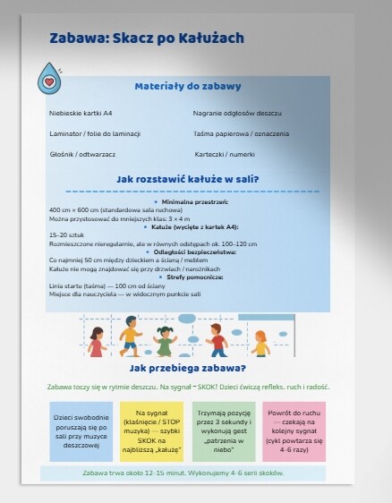 Zabawy ruchowe w sali: „Skacz po kałużach” (z niebieskich kartek), tor przeszkód z parasolem