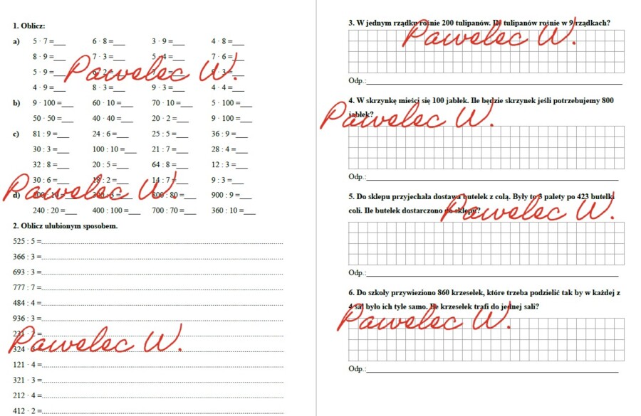 Mnożenie i dzielenie liczb trzycyfrowych przez jednocyfrowe - przykłady + zadania tekstowe, kl. 3, karty pracy