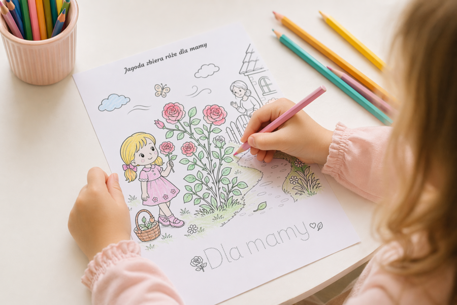 Kolorowanka „Jagoda zbiera róże dla mamy”