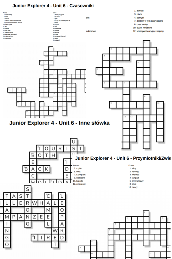 Junior Explorer 4 – Unit 6 – krzyżówki – Czasowniki/Przymiotniki_Zwierzęta/Inne słówka