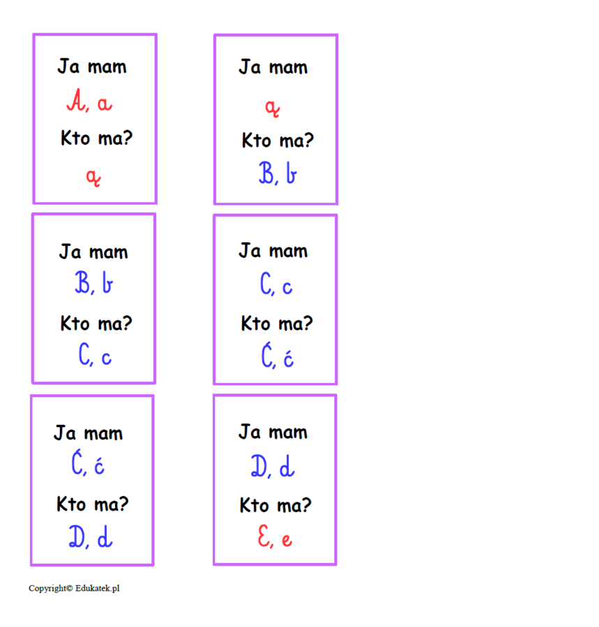Zestaw kart typu kto ma, ja mam – nauka czytania