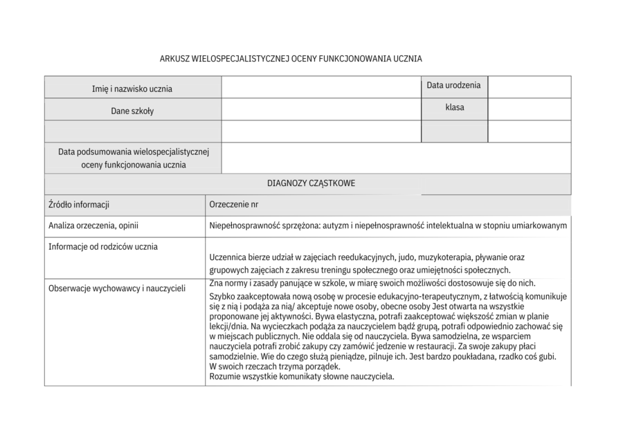 Arkusz Wielospecjalistycznej Oceny Poziomu Funkcjonowania Ucznia (WOPFU) i OCENA EFEKTYWNOŚCI DOTYCHCZAS UDZIELANEJ UCZNIOWI POMOCY PSYCHOLOGICZNO-PEDAGOGICZNEJ - szablon