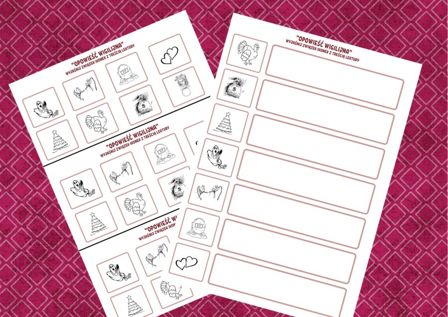 "OPOWIEŚĆ WIGILIJNA" – ikonki – wklejki – karta pracy – lektury 7-8