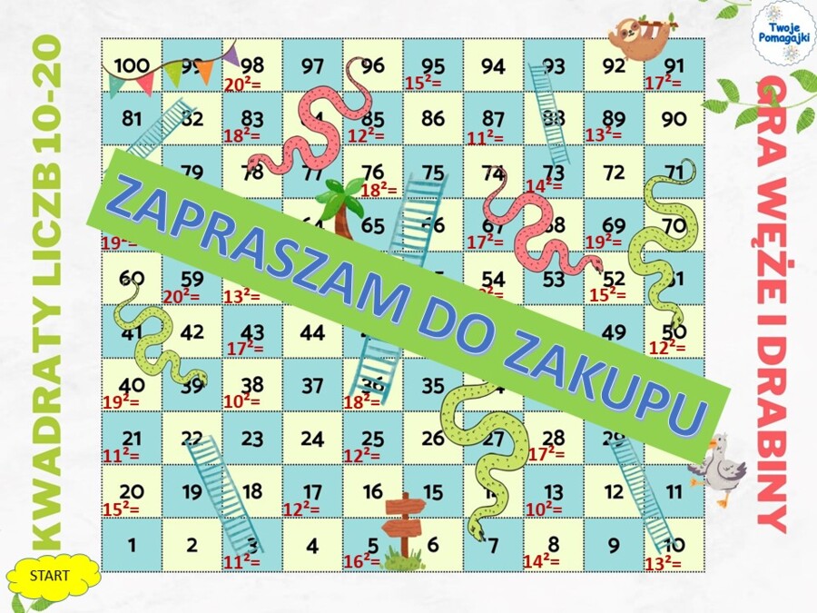 Kwadraty liczb 0-20 2 gry węże i drabiny oraz plakat