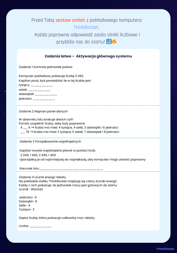 System dziesiętny w kosmicznej przygodzie (klasy 1–4) | Przetestuj styl ThinkRocket