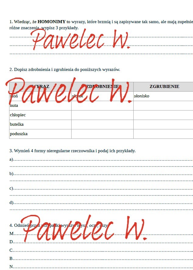 HOMONIM i RZECZOWNIK - karta pracy, sprawdzian (homonimy, zdrobnienia i zgrubienia, nieregularne formy rzeczownika, odmiana przez przypadki)