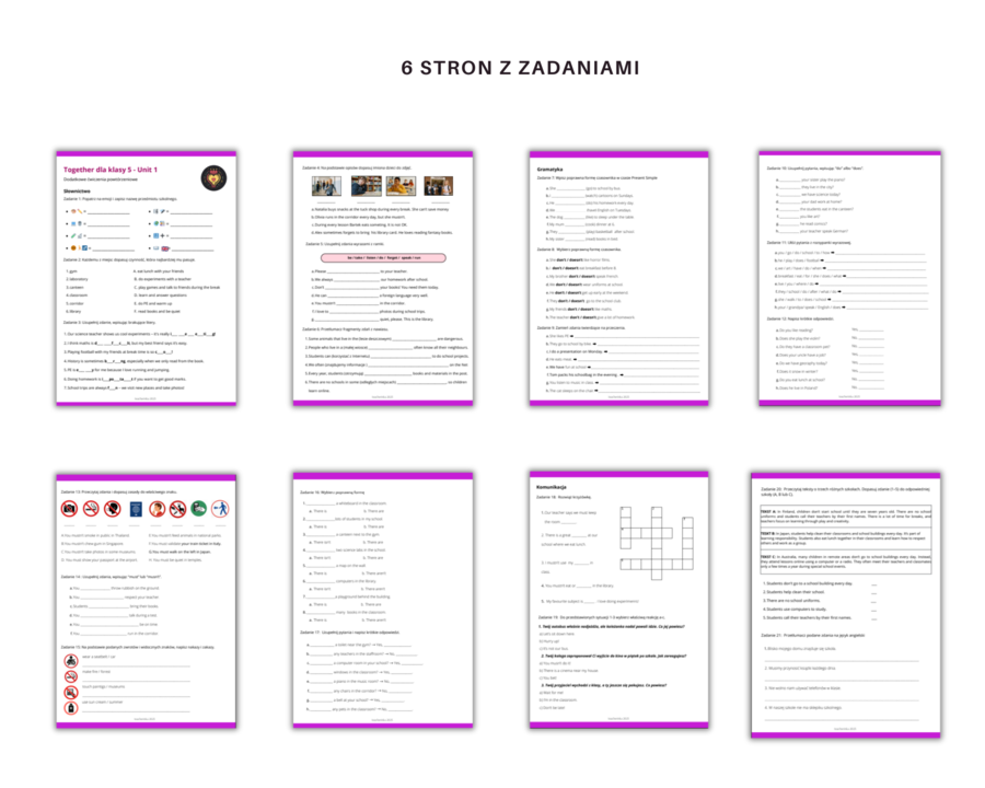Together Klasa 5 Unit 1 Dodatkowe materiały powtórzeniowe, słownictwo, nazwy przedmiotów szkolnych i pomieszczeń, gramatyka Present Simple, konstrukcja there is there are, czasownik must, komunikacja