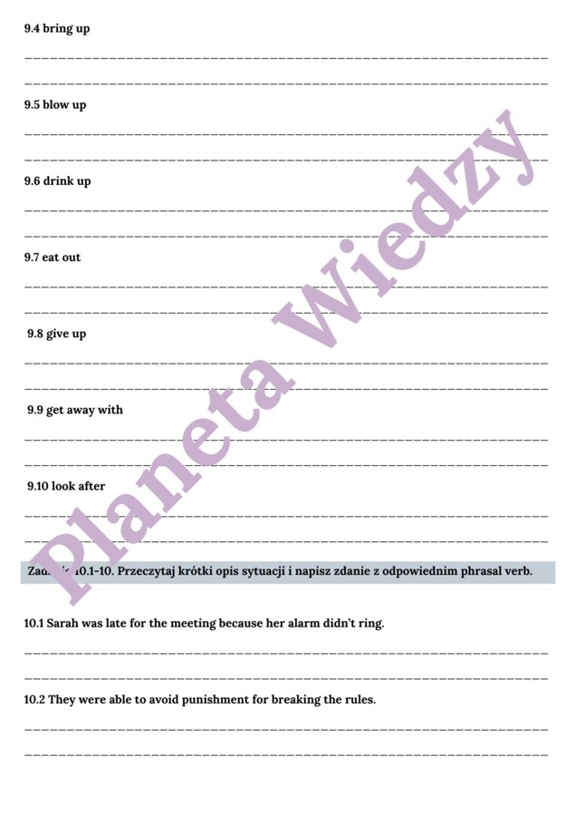 PHRASAL VERBS PART 1– Zbiór zadań do egzaminu ósmoklasisty z języka angielskiego. Poziom A2/A2+ – uzupełnienie luk w tekstach, układanie historii, użycie phrasal verbs w codziennym życiu