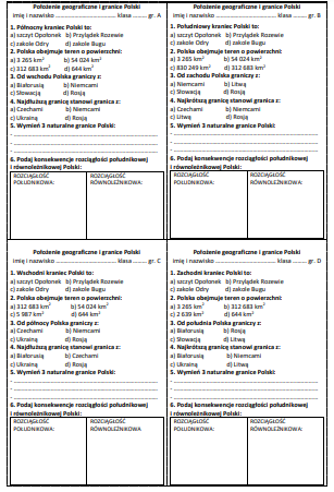 POŁOŻENIE GEOGRAFICZNE I GRANICE POLSKI - KARTKÓWKA