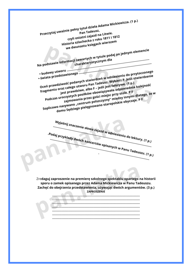 Pan Tadeusz - arkusz zadaniowy