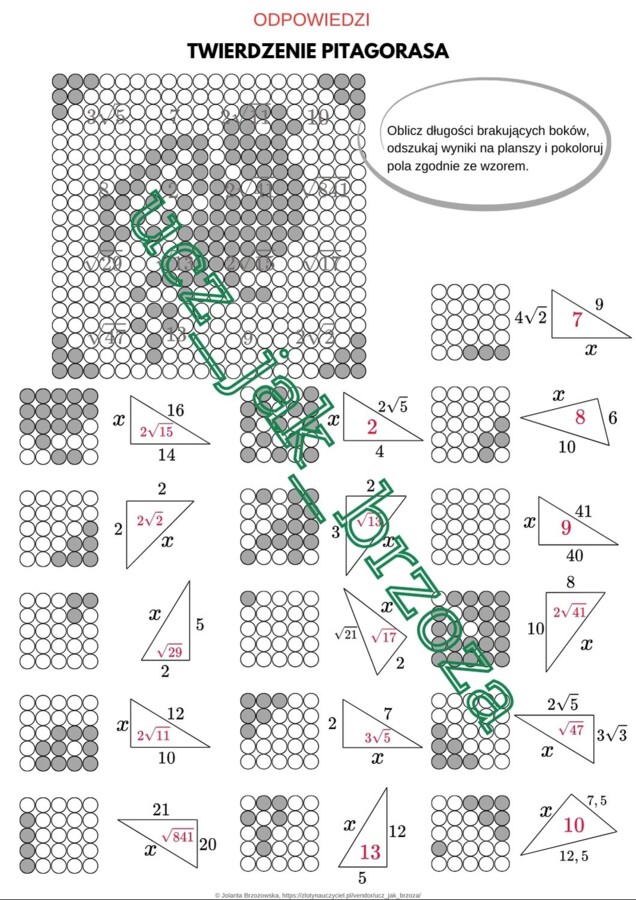 Twierdzenie Pitagorasa, karta pracy - kodowanie, klasa 7 i 8, edukacja domowa
