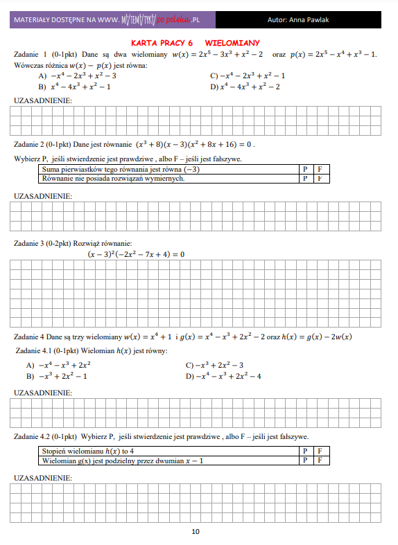 Karta pracy - WIELOMIANY - poziom podstawowy